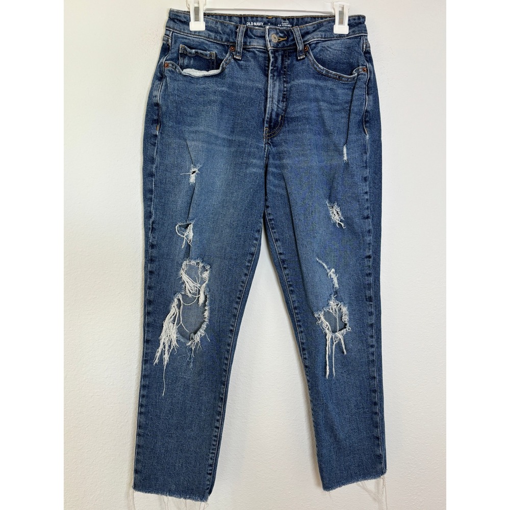 Old Navy Curvy OG Straight High Rise Distressed Raw Hem Jeans Blue Womens 8